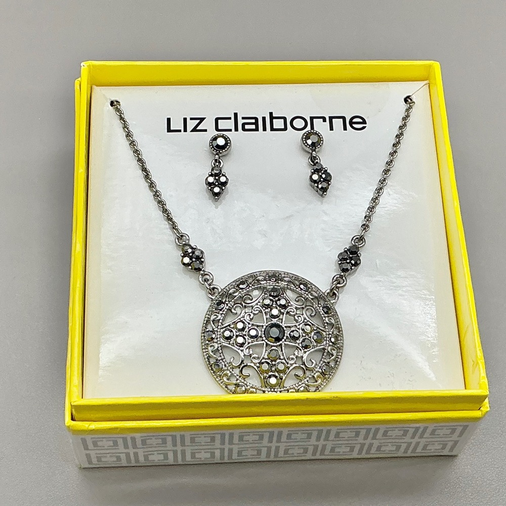 Liz Claiborne Necklace and Earring Set Women Silver Tone Black Filigree Floral